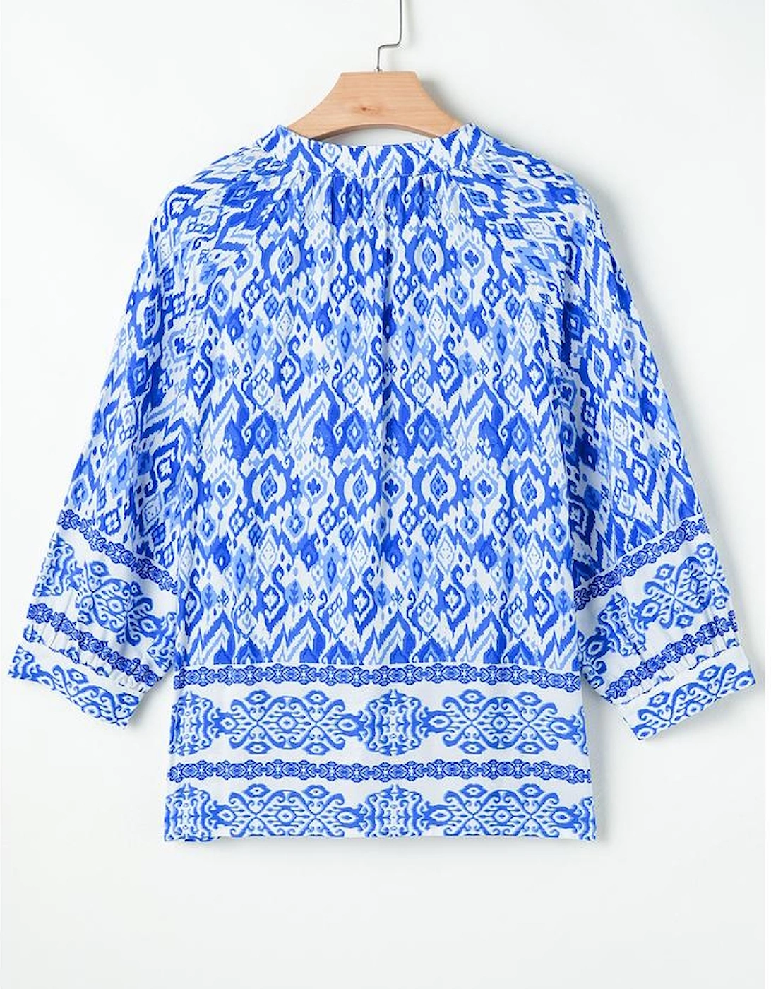 Blue Boho Printed 3/4 Sleeve Tied Neck Blouse