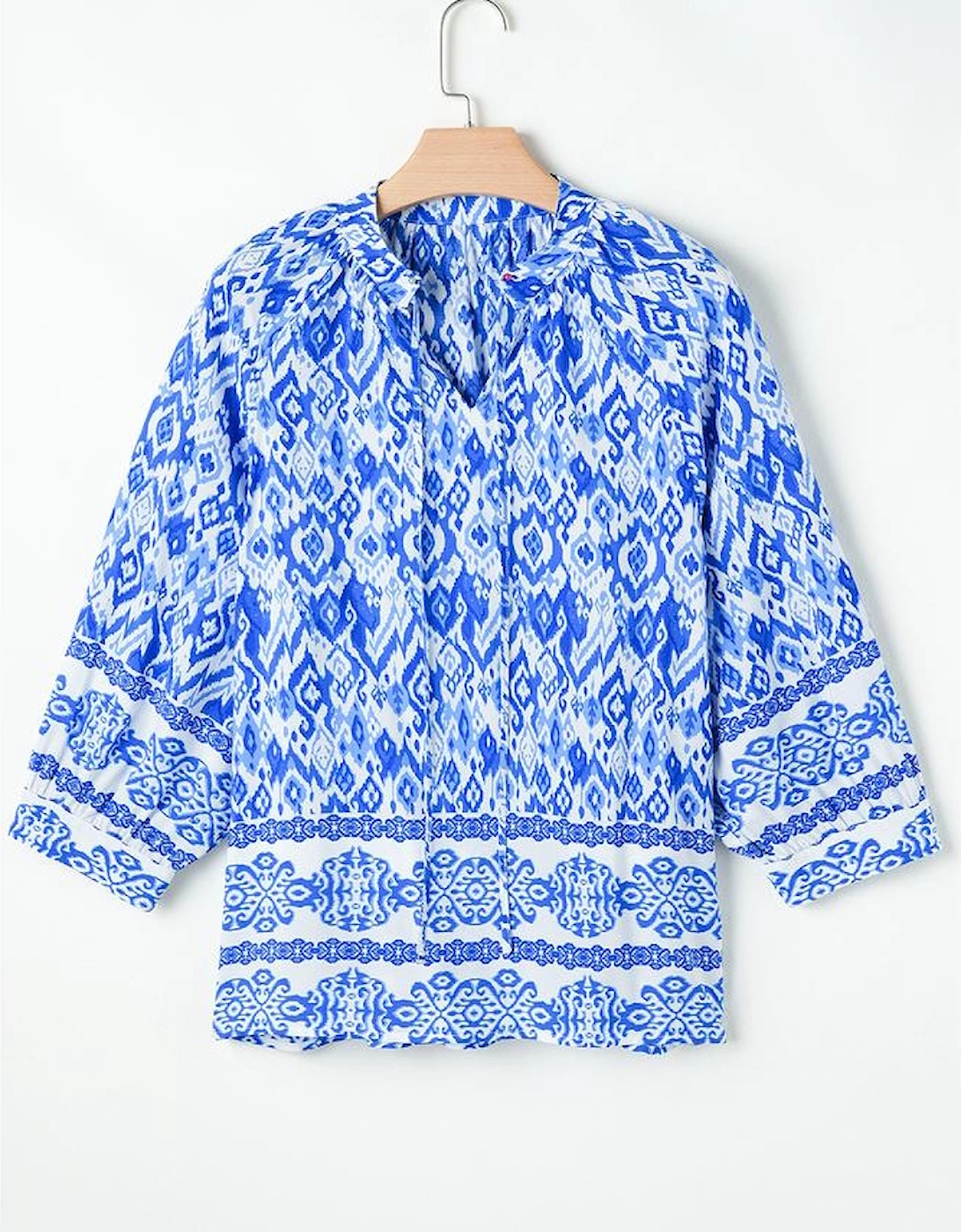 Blue Boho Printed 3/4 Sleeve Tied Neck Blouse, 15 of 14