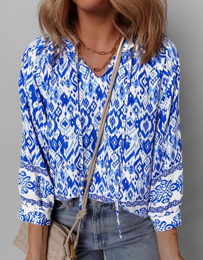 Blue Boho Printed 3/4 Sleeve Tied Neck Blouse