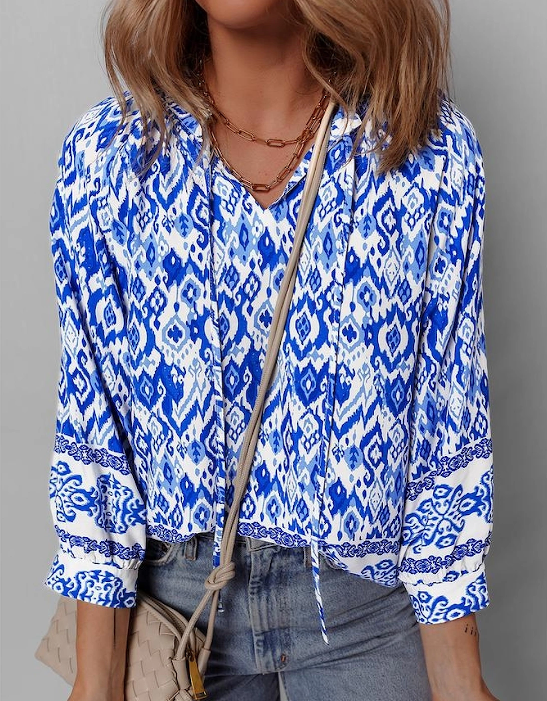 Blue Boho Printed 3/4 Sleeve Tied Neck Blouse