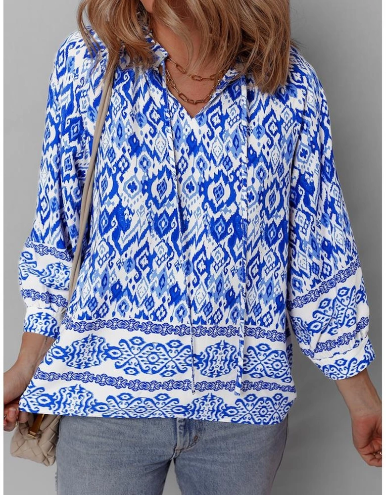 Blue Boho Printed 3/4 Sleeve Tied Neck Blouse