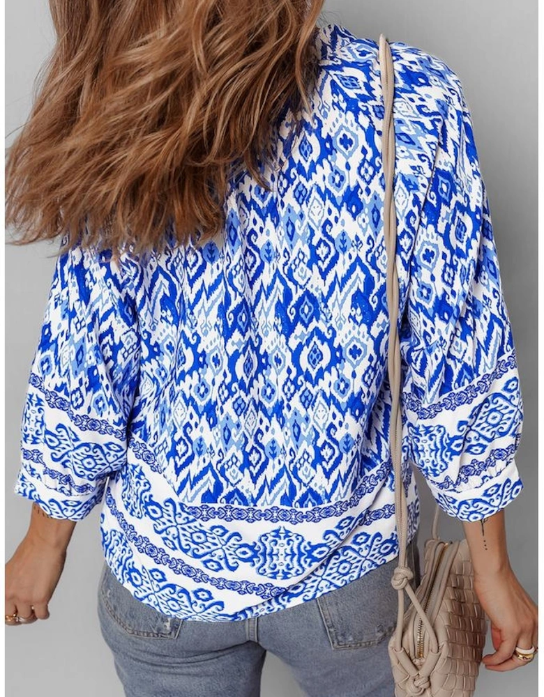 Blue Boho Printed 3/4 Sleeve Tied Neck Blouse