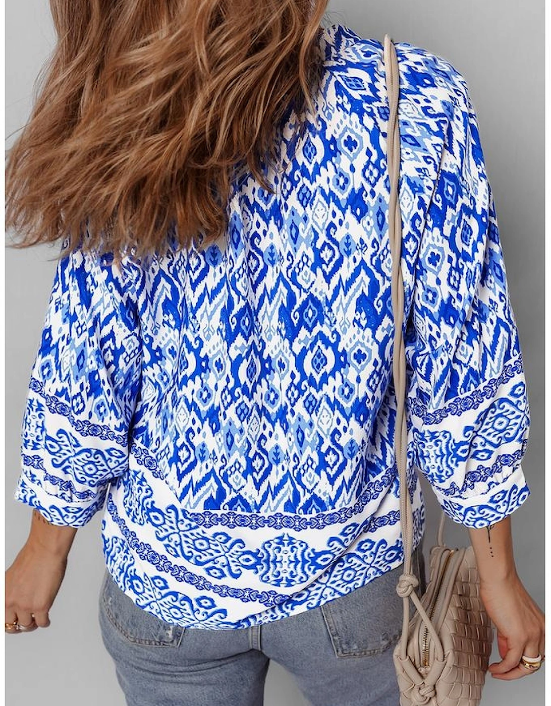 Blue Boho Printed 3/4 Sleeve Tied Neck Blouse