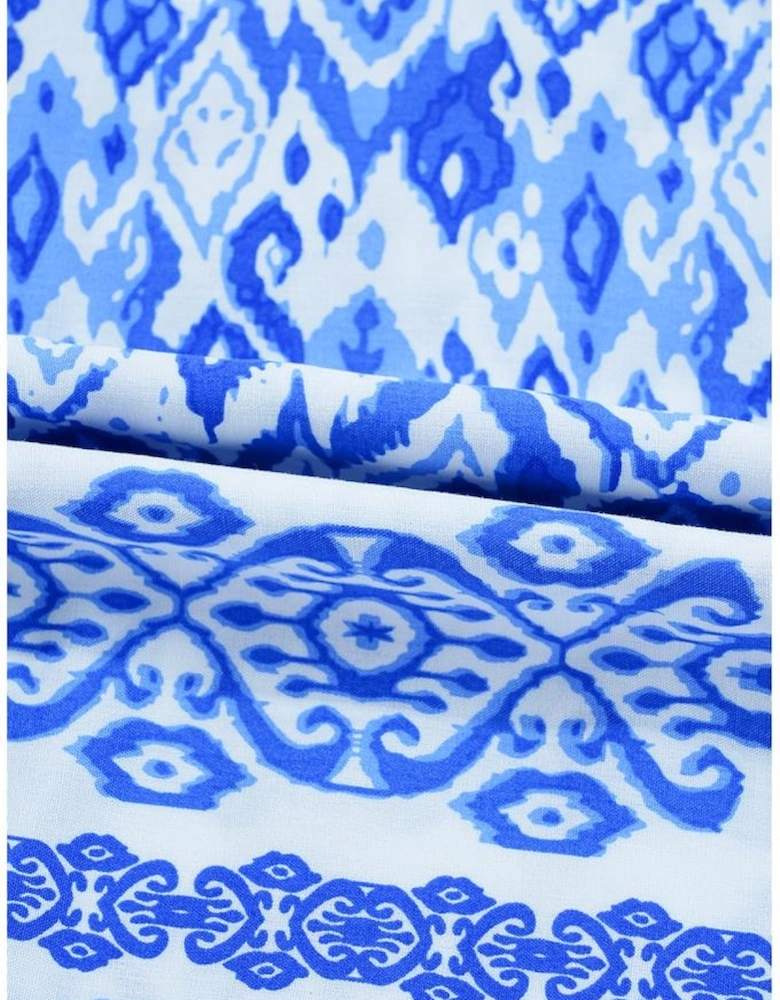 Blue Boho Printed 3/4 Sleeve Tied Neck Blouse