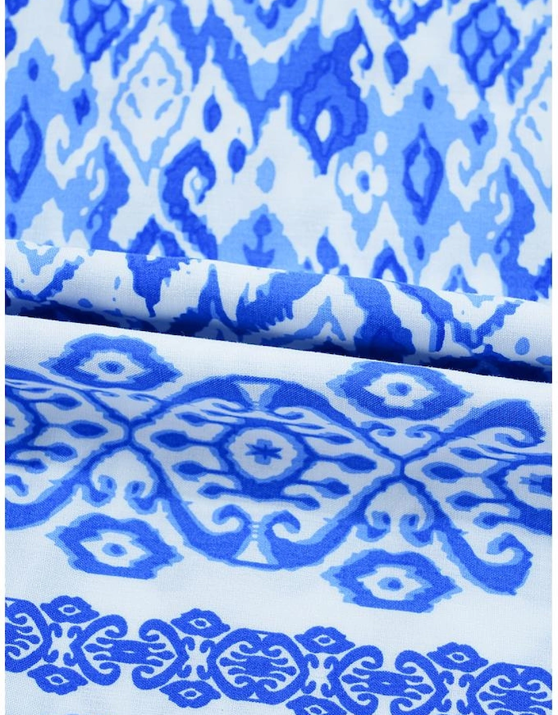 Blue Boho Printed 3/4 Sleeve Tied Neck Blouse