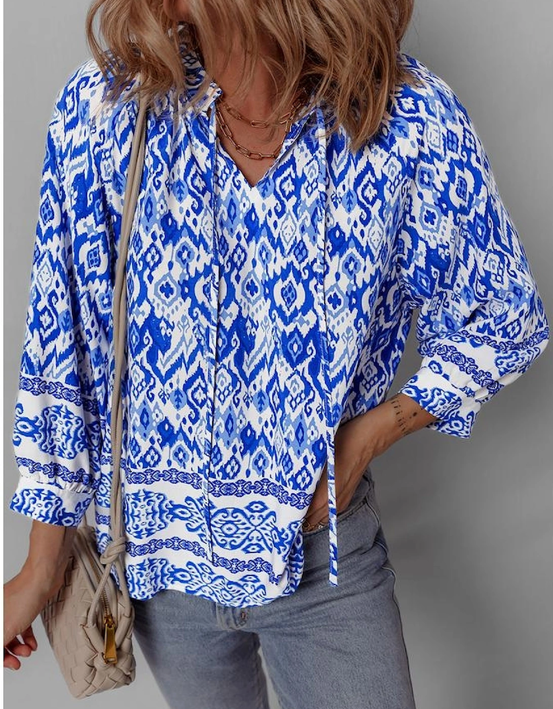 Blue Boho Printed 3/4 Sleeve Tied Neck Blouse