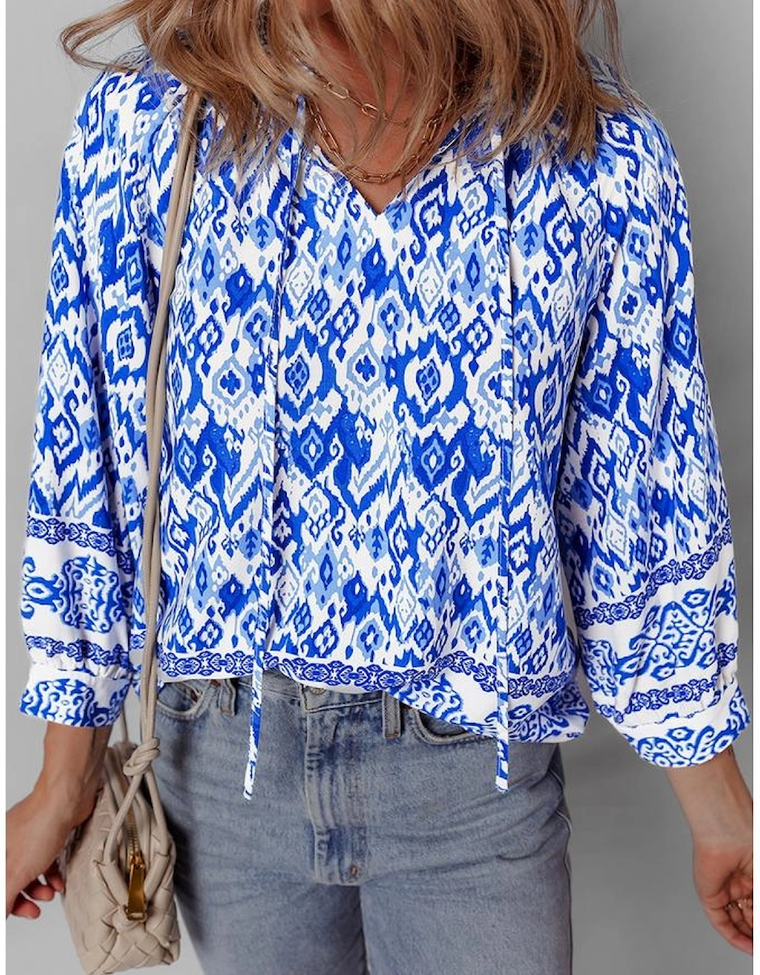 Blue Boho Printed 3/4 Sleeve Tied Neck Blouse