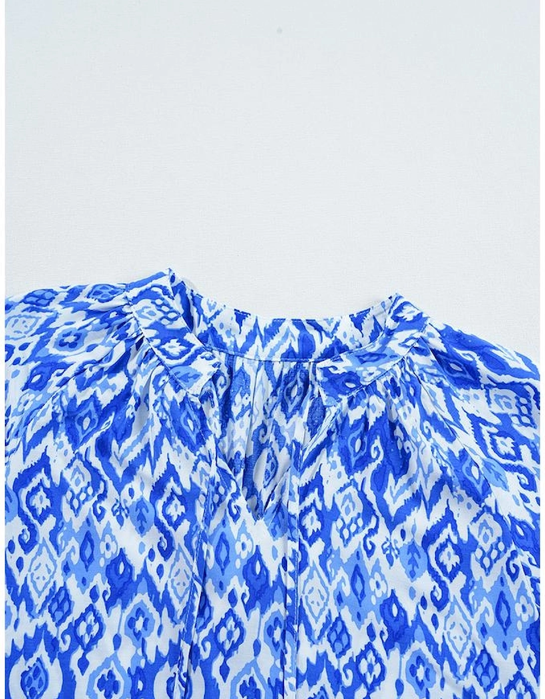 Blue Boho Printed 3/4 Sleeve Tied Neck Blouse