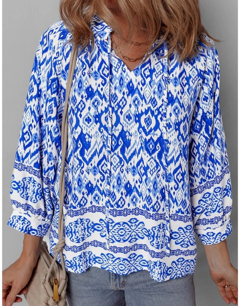 Blue Boho Printed 3/4 Sleeve Tied Neck Blouse