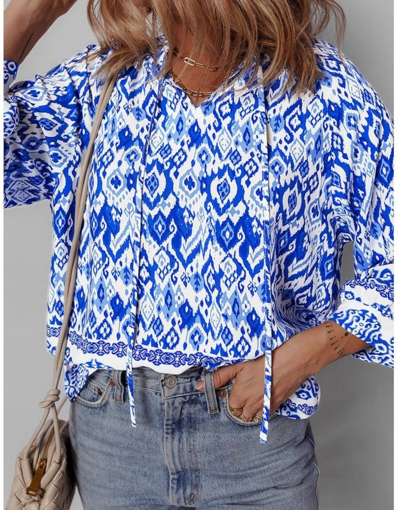 Blue Boho Printed 3/4 Sleeve Tied Neck Blouse