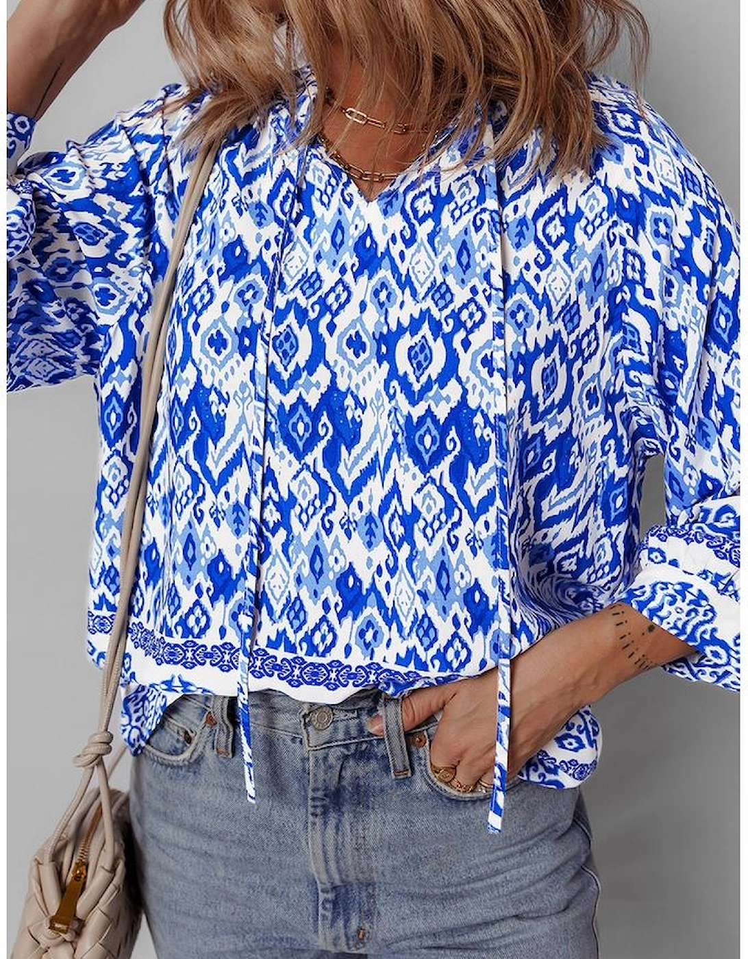 Blue Boho Printed 3/4 Sleeve Tied Neck Blouse