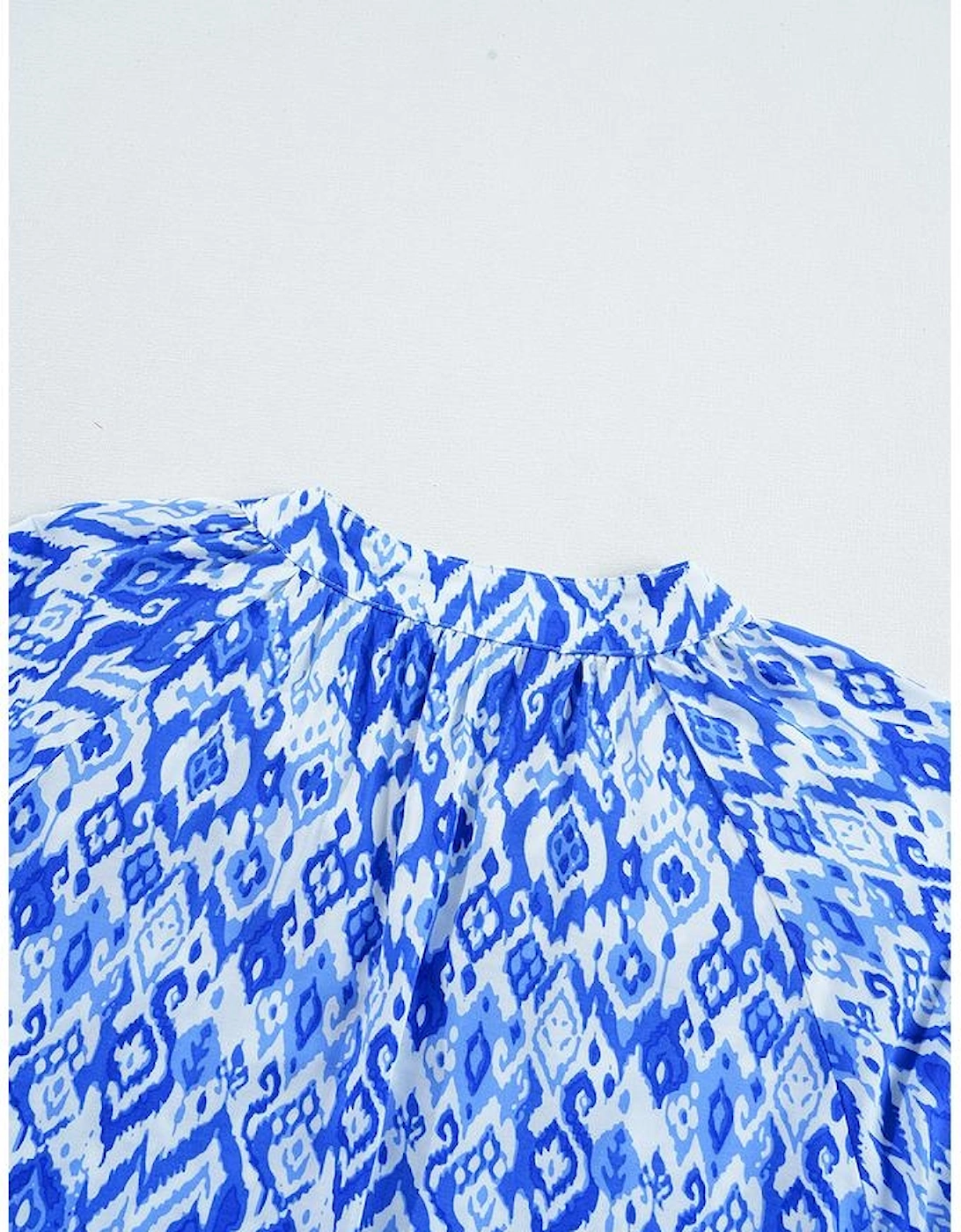 Blue Boho Printed 3/4 Sleeve Tied Neck Blouse