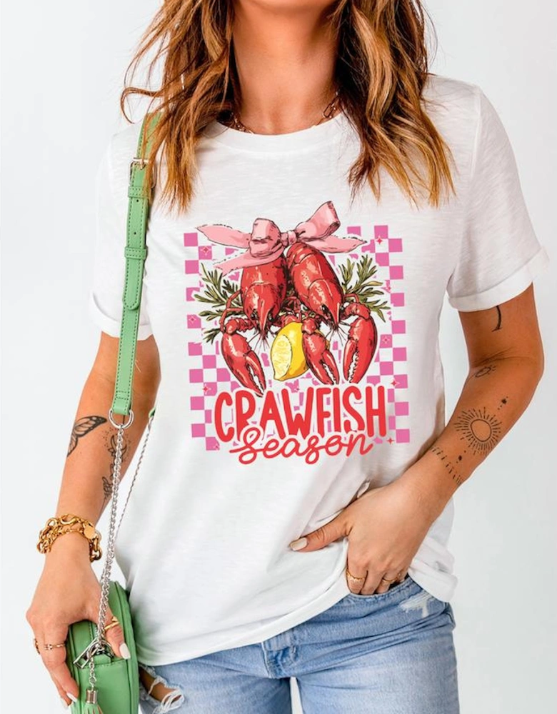 White Checkerboard Bow Crawfish Season Printed Crewneck T Shirt