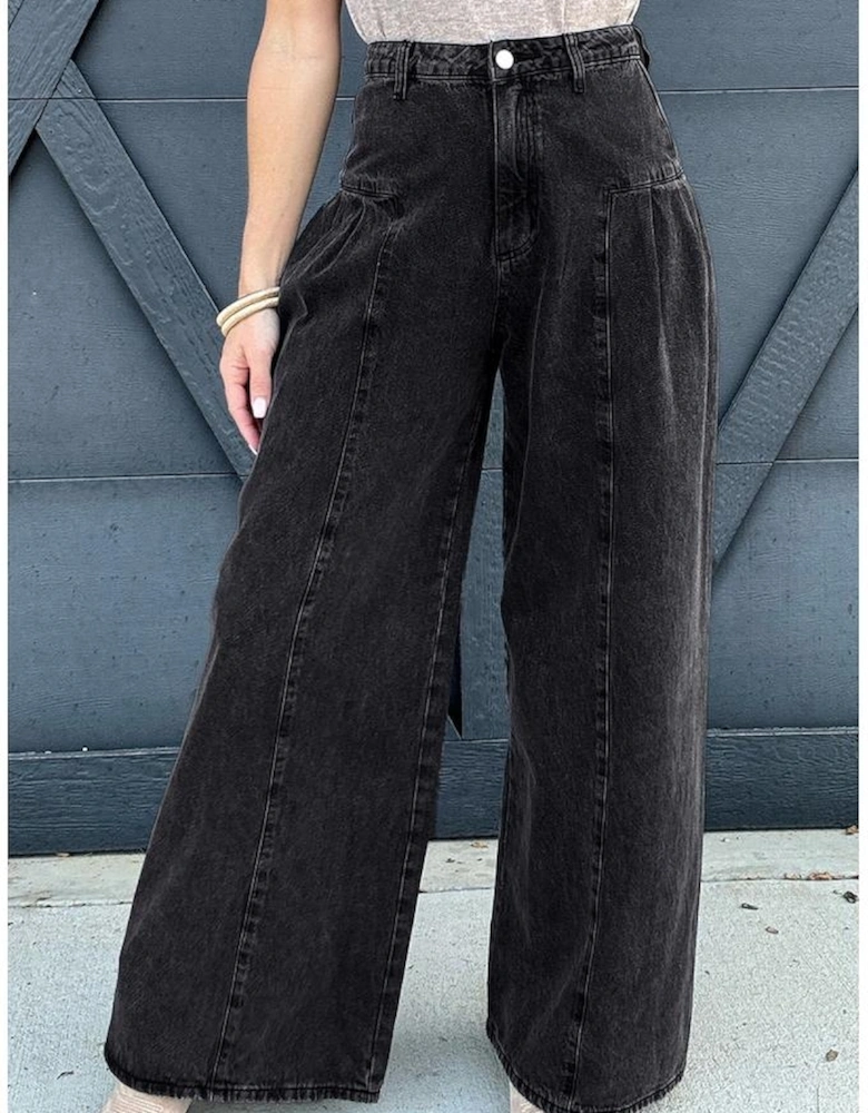 Dark Grey Pleated Wide Leg Mineral Wash Denim Pants