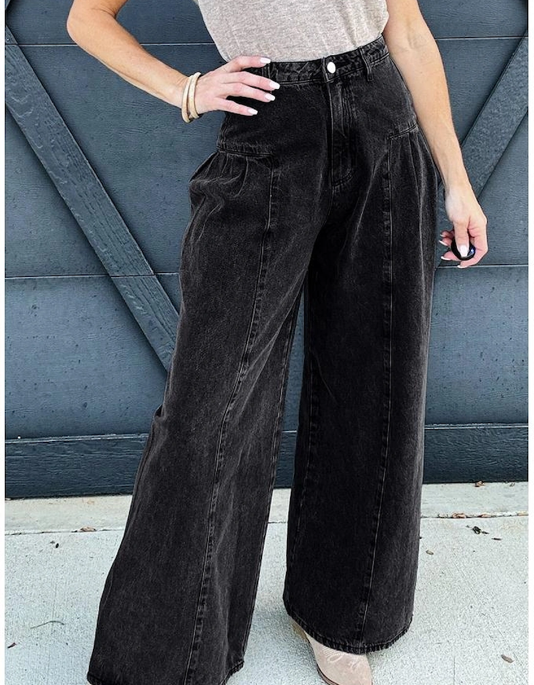 Dark Grey Pleated Wide Leg Mineral Wash Denim Pants