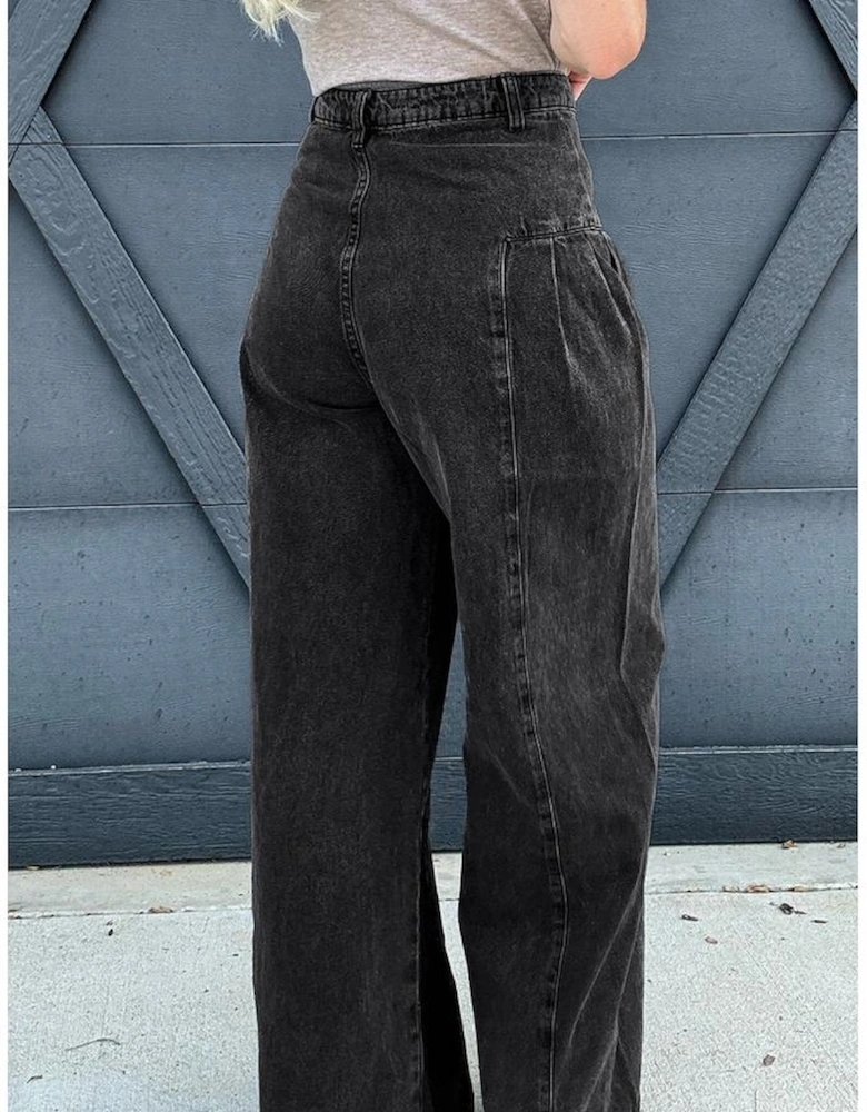 Dark Grey Pleated Wide Leg Mineral Wash Denim Pants