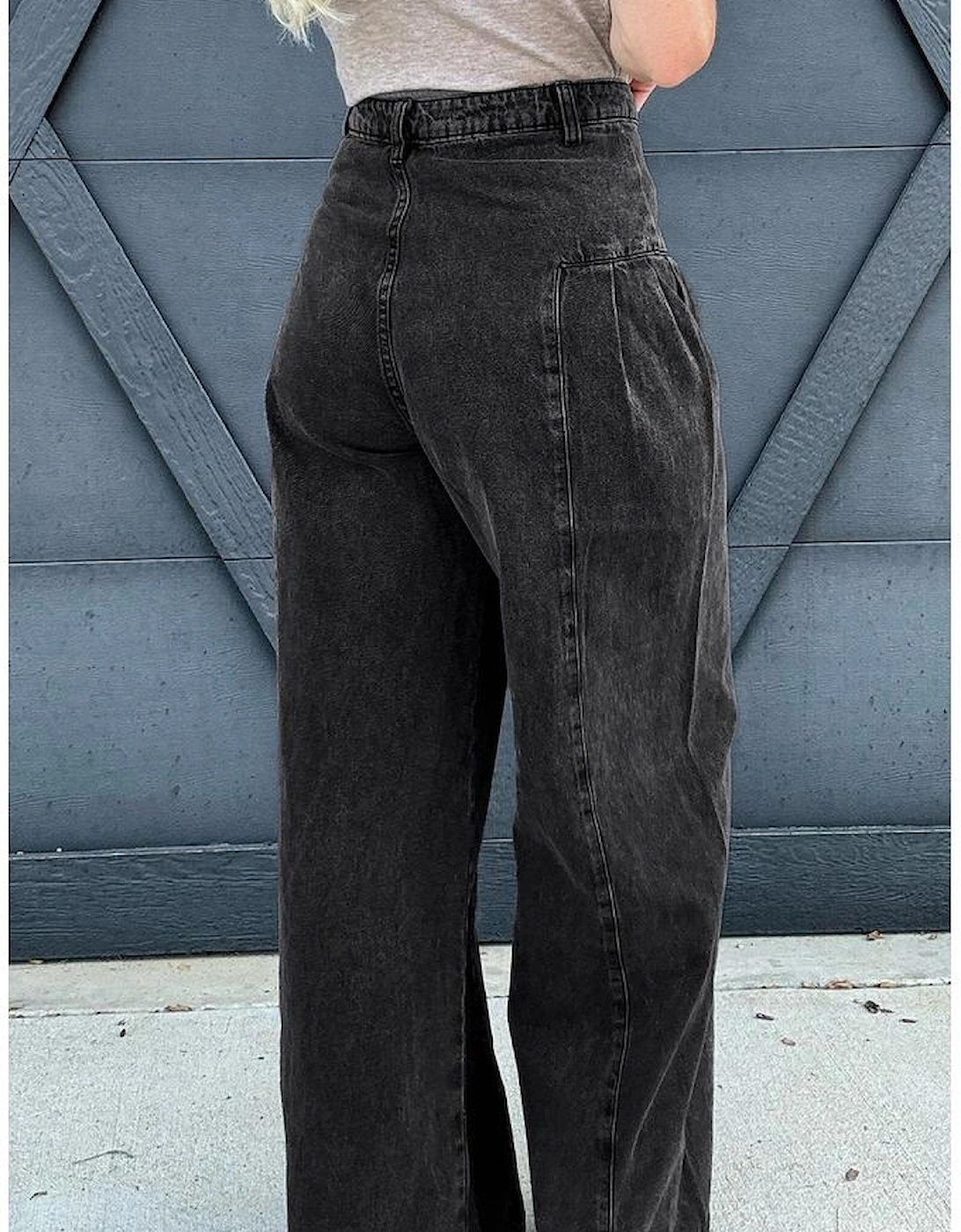 Dark Grey Pleated Wide Leg Mineral Wash Denim Pants