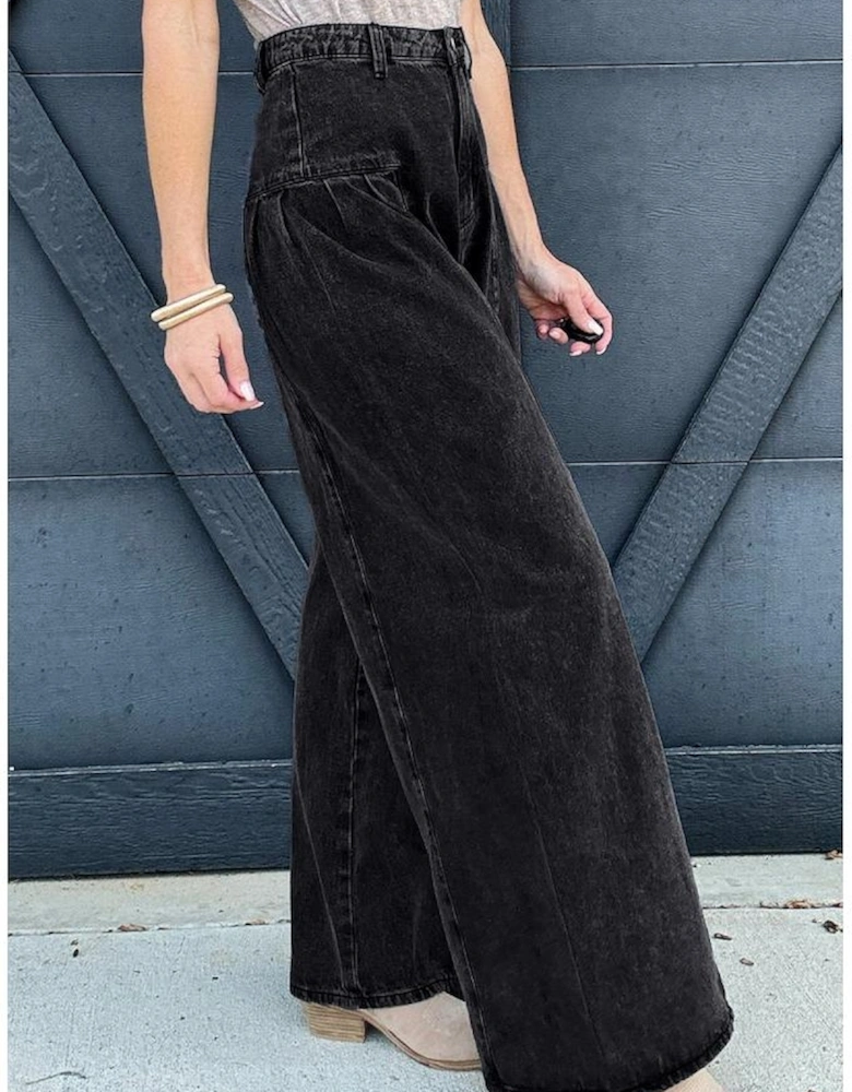 Dark Grey Pleated Wide Leg Mineral Wash Denim Pants