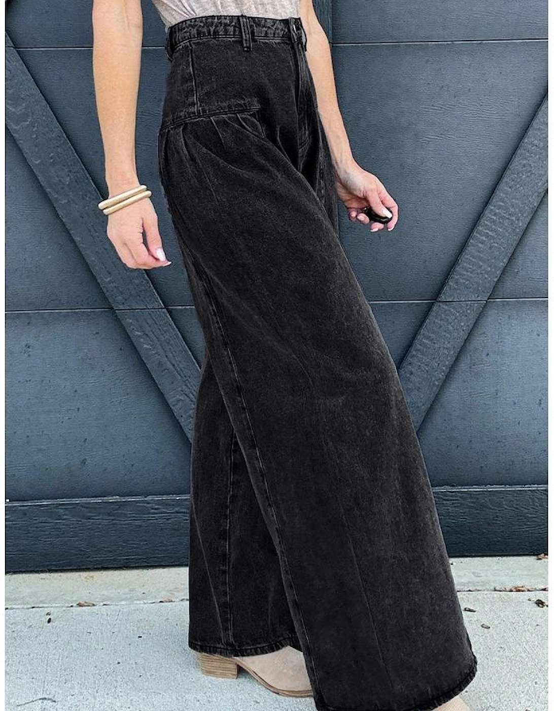 Dark Grey Pleated Wide Leg Mineral Wash Denim Pants, 11 of 10