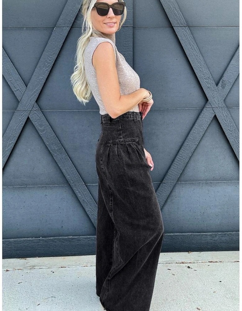 Dark Grey Pleated Wide Leg Mineral Wash Denim Pants