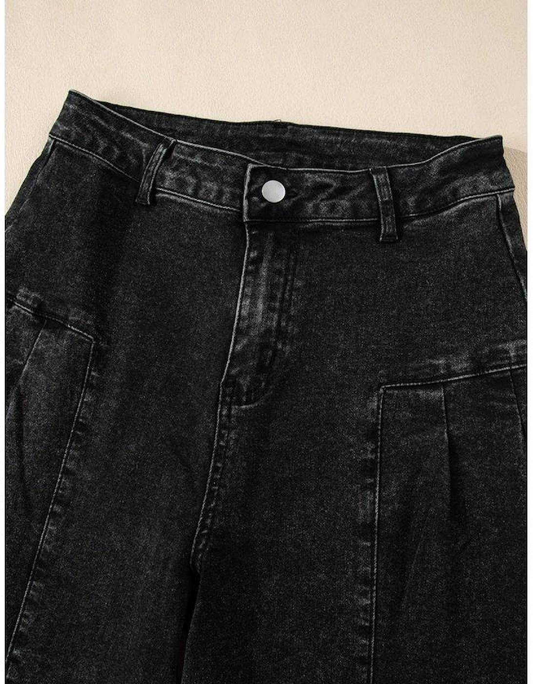 Dark Grey Pleated Wide Leg Mineral Wash Denim Pants