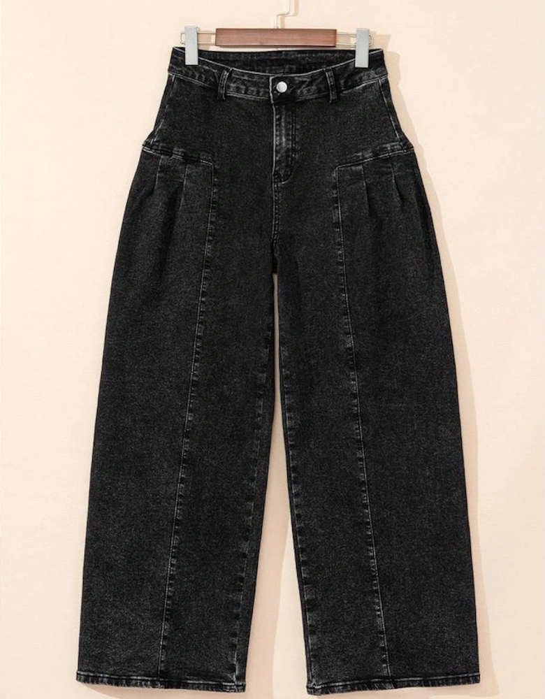 Dark Grey Pleated Wide Leg Mineral Wash Denim Pants