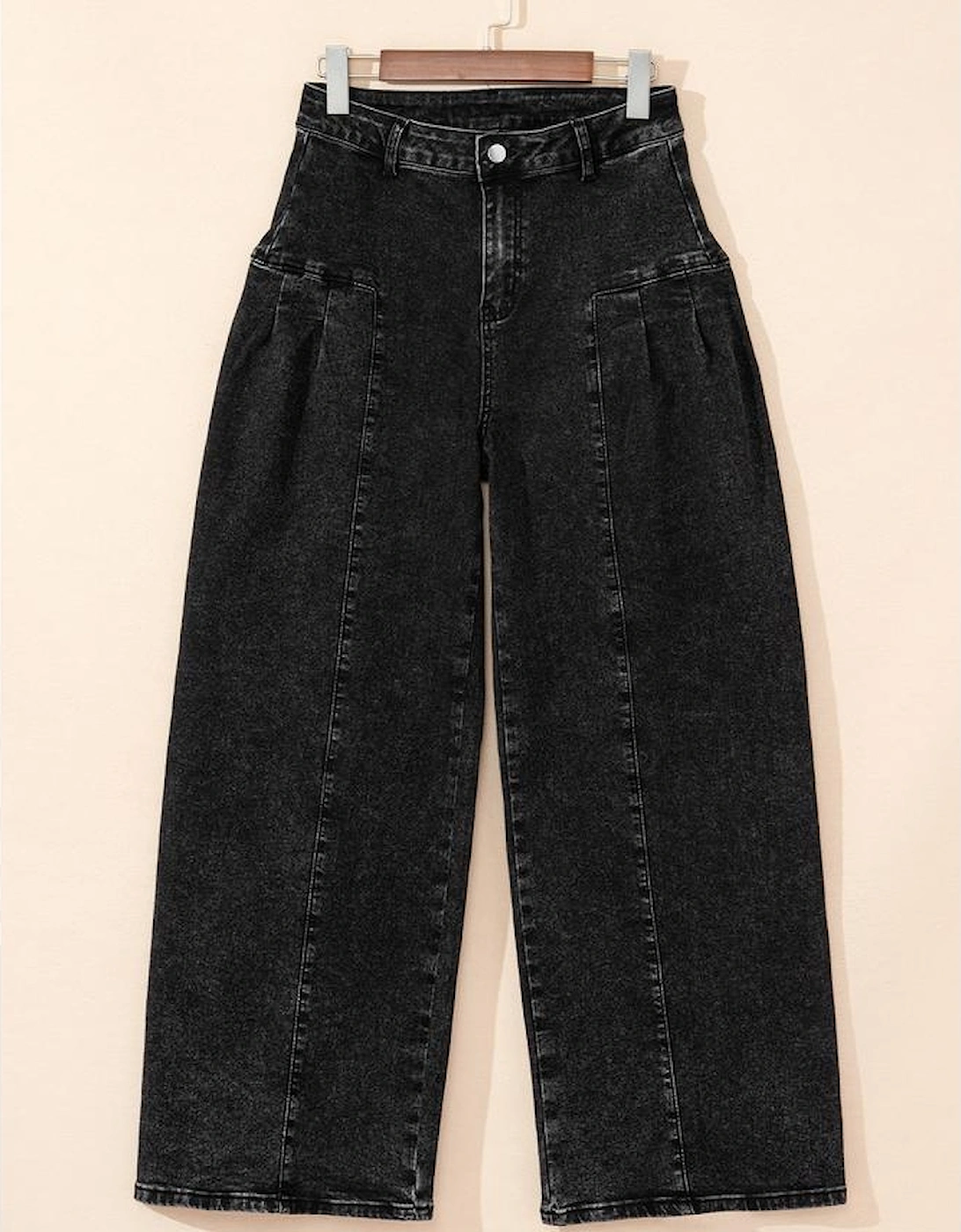 Dark Grey Pleated Wide Leg Mineral Wash Denim Pants