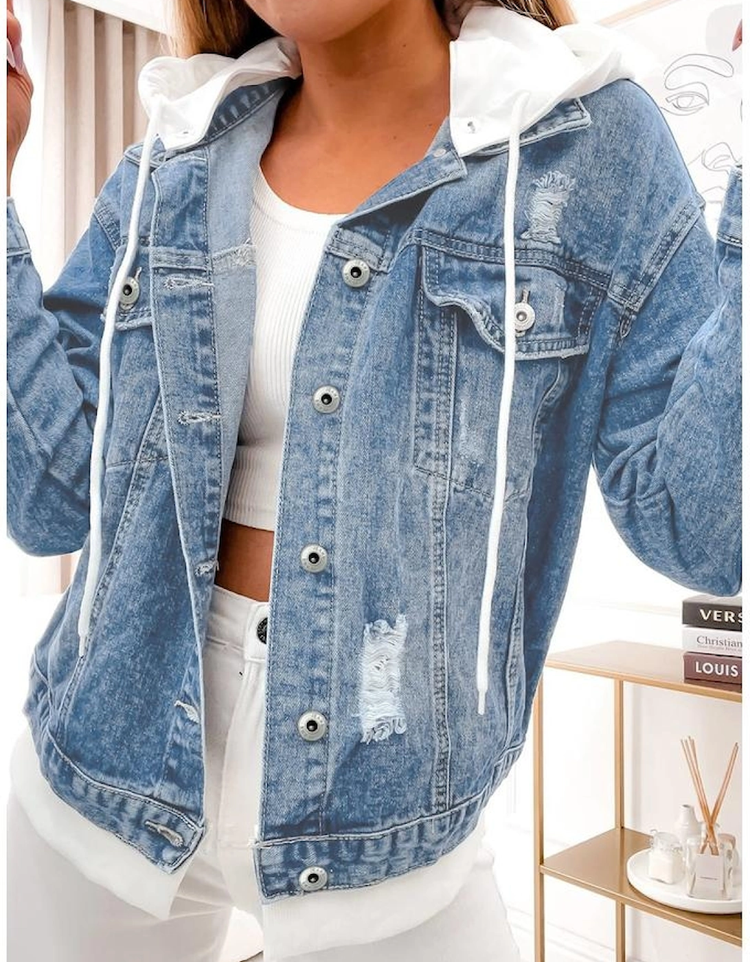 Sky Blue Distressed Contrast Hooded Denim Jacket with Pockets