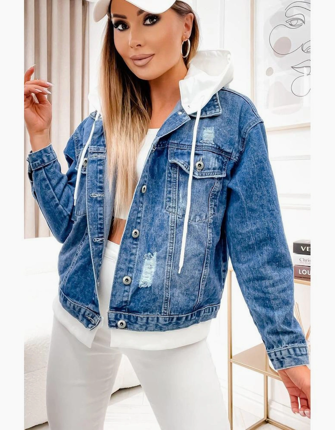 Sky Blue Distressed Contrast Hooded Denim Jacket with Pockets