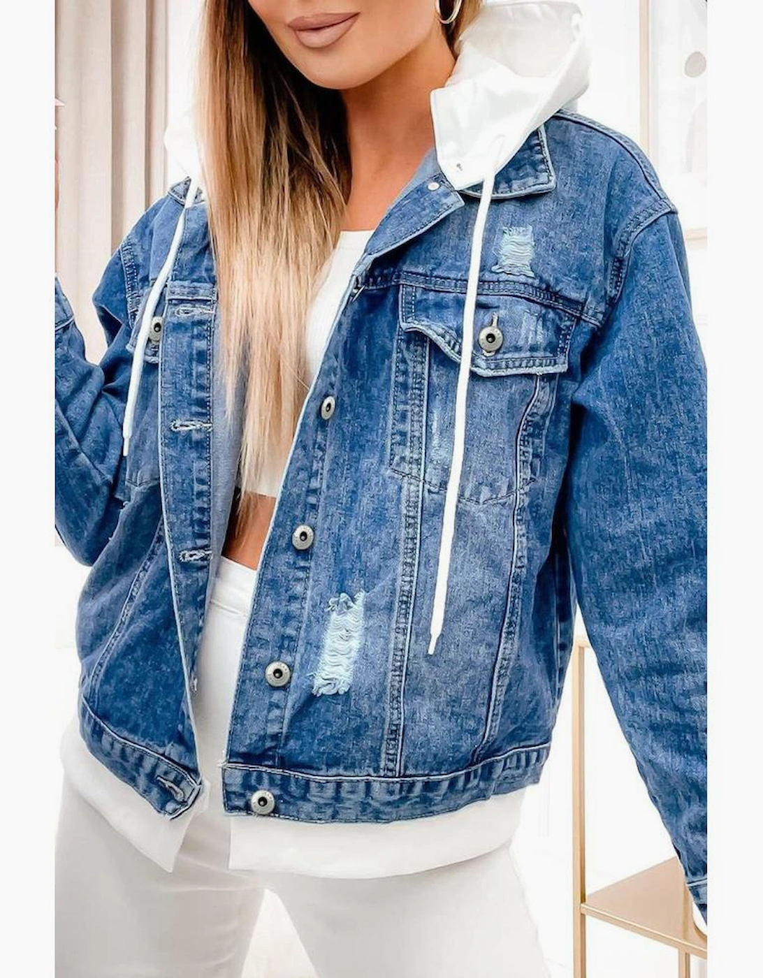 Sky Blue Distressed Contrast Hooded Denim Jacket with Pockets, 15 of 14