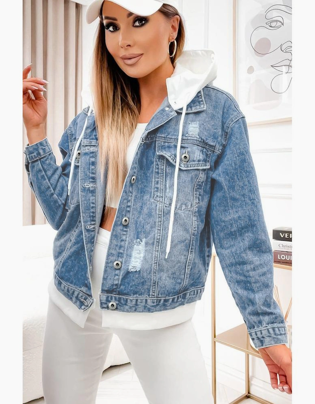 Sky Blue Distressed Contrast Hooded Denim Jacket with Pockets