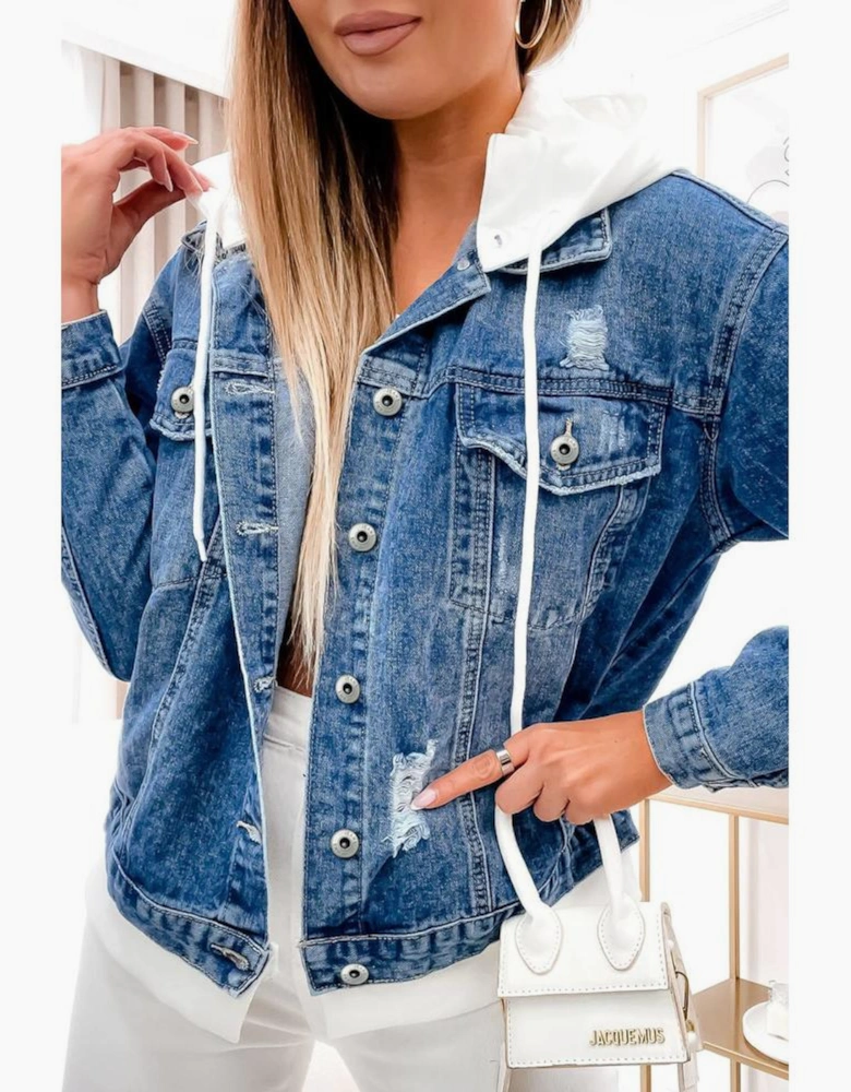 Sky Blue Distressed Contrast Hooded Denim Jacket with Pockets