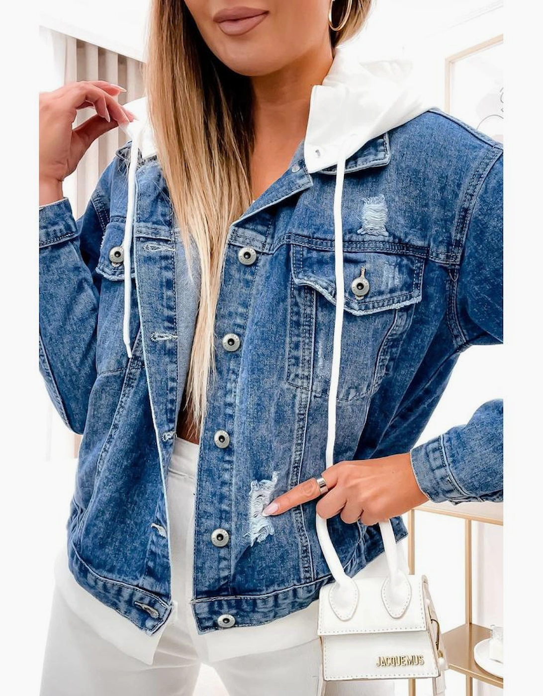 Sky Blue Distressed Contrast Hooded Denim Jacket with Pockets