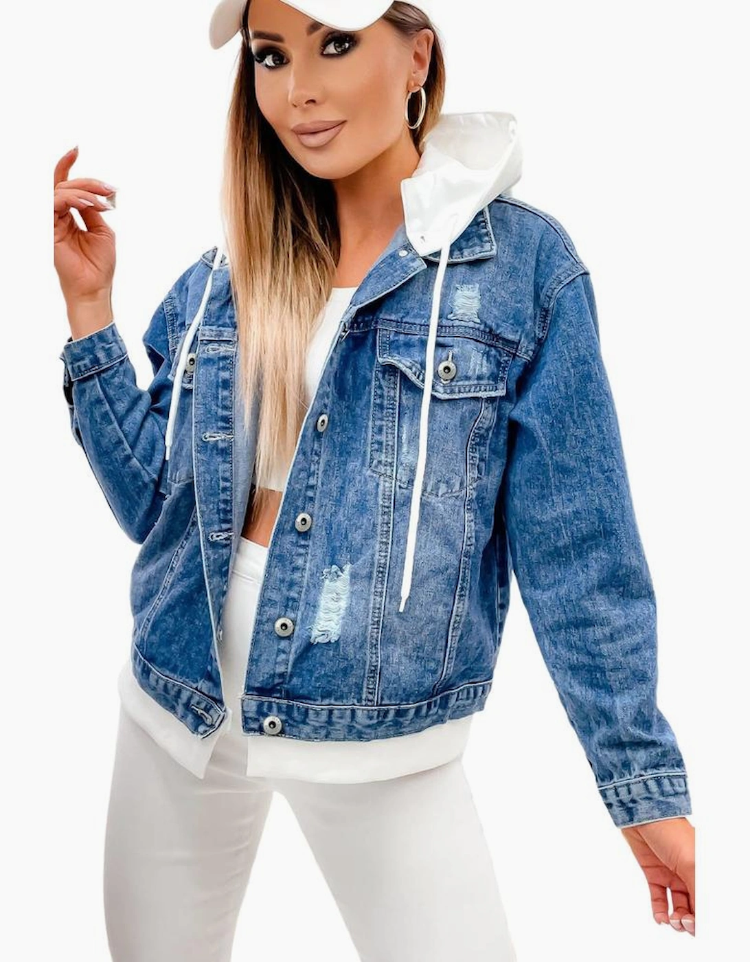 Sky Blue Distressed Contrast Hooded Denim Jacket with Pockets