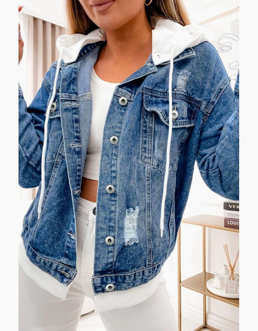 Sky Blue Distressed Contrast Hooded Denim Jacket with Pockets