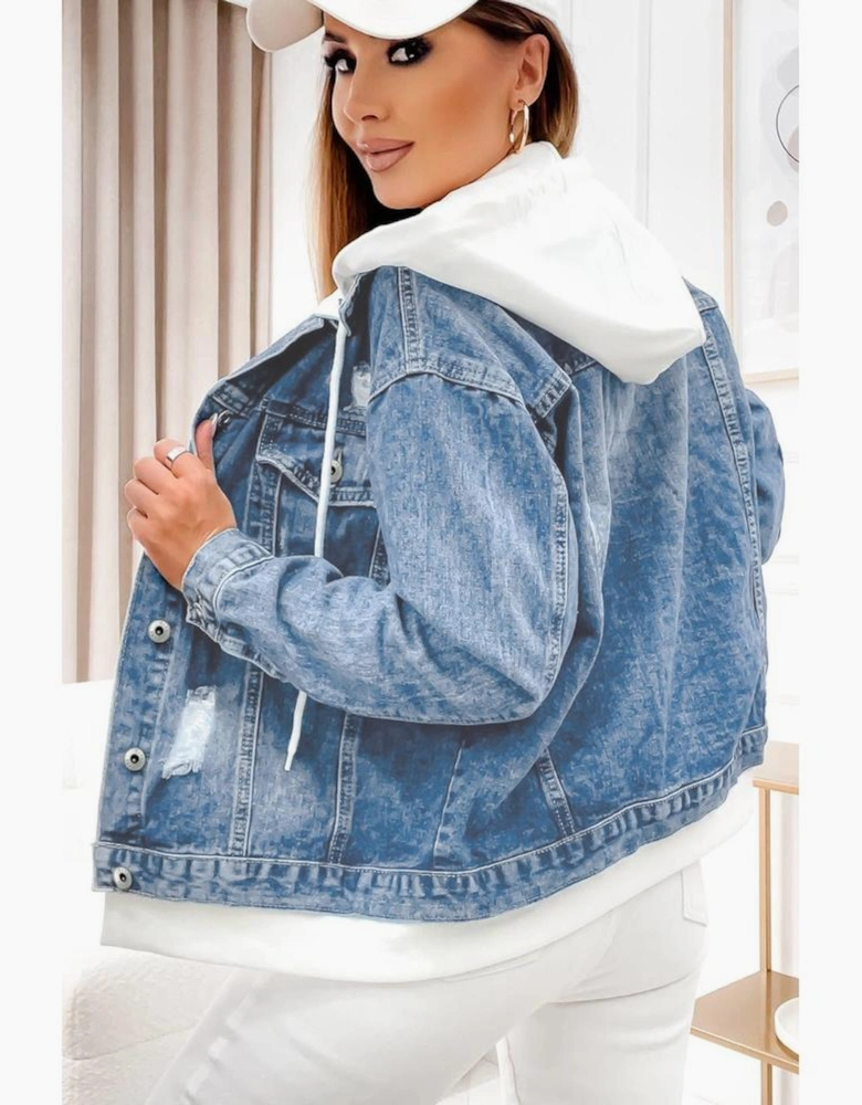 Sky Blue Distressed Contrast Hooded Denim Jacket with Pockets