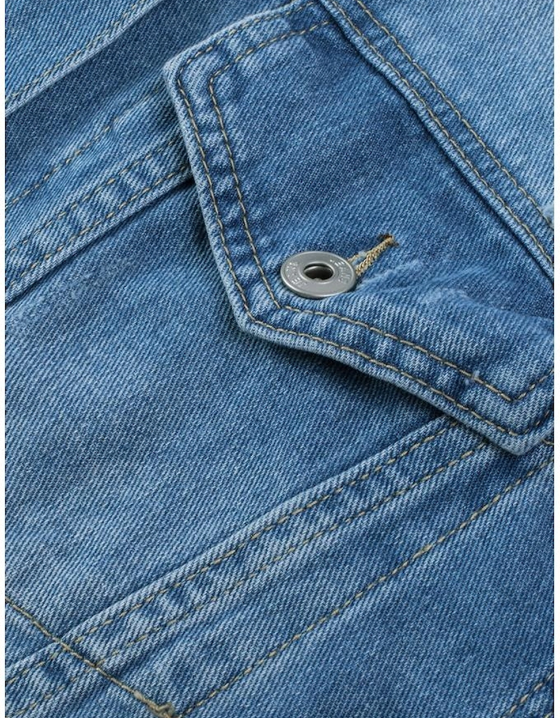 Sky Blue Distressed Contrast Hooded Denim Jacket with Pockets