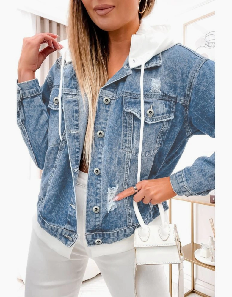 Sky Blue Distressed Contrast Hooded Denim Jacket with Pockets