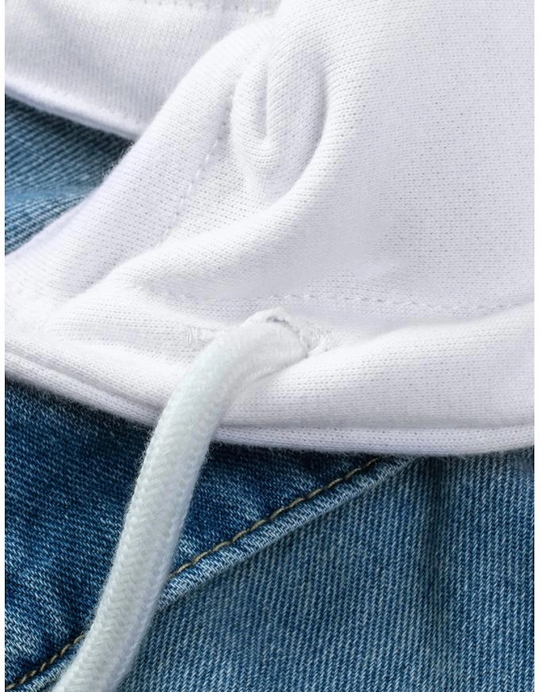 Sky Blue Distressed Contrast Hooded Denim Jacket with Pockets