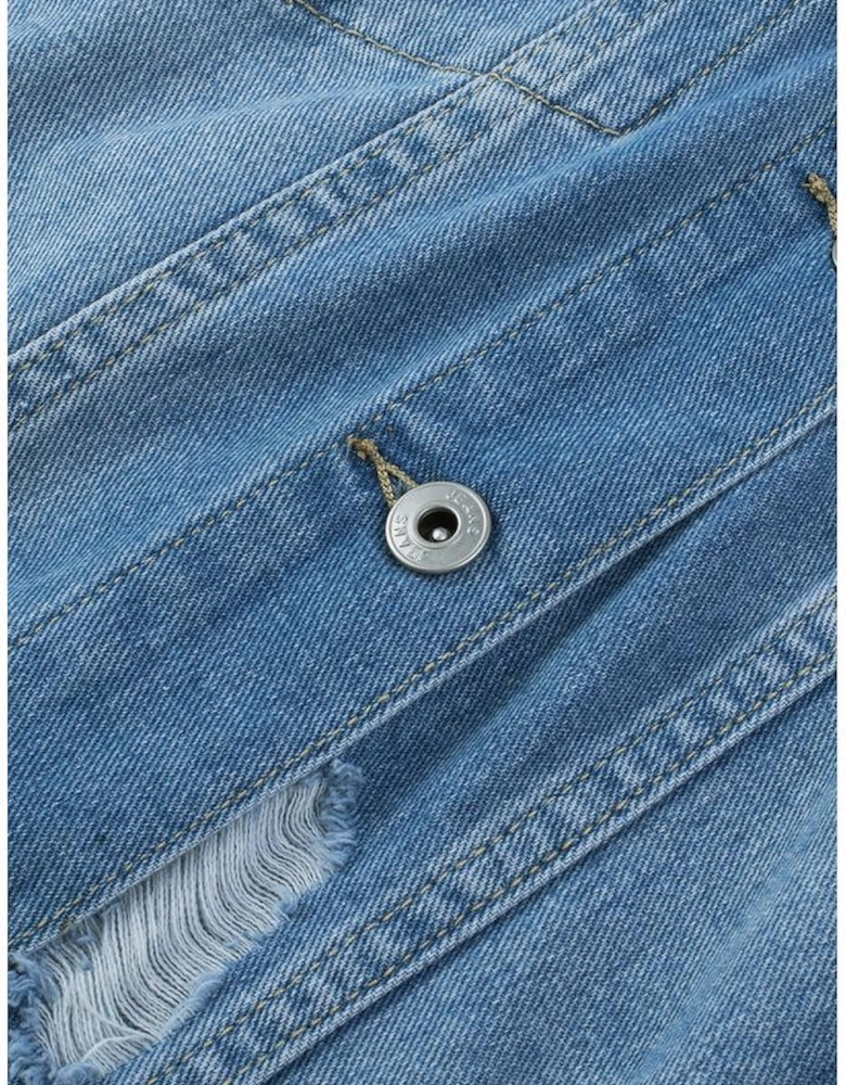 Sky Blue Distressed Contrast Hooded Denim Jacket with Pockets