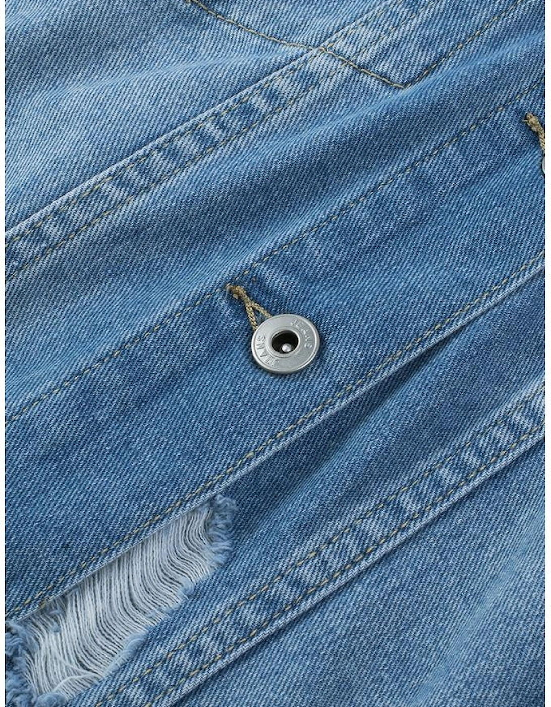 Sky Blue Distressed Contrast Hooded Denim Jacket with Pockets