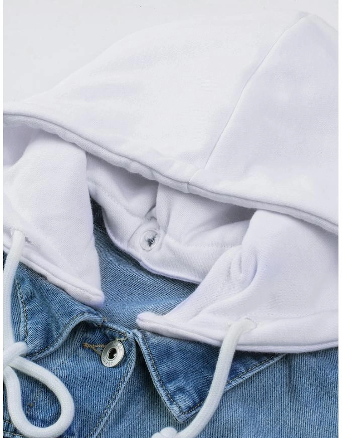 Sky Blue Distressed Contrast Hooded Denim Jacket with Pockets