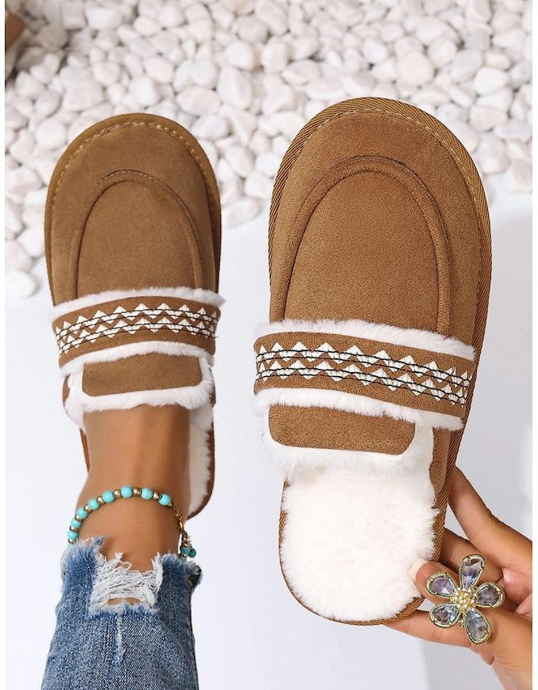 Chestnut Suede Wavy Striped Plush Lined Slippers (Run Small Size Up), 11 of 10