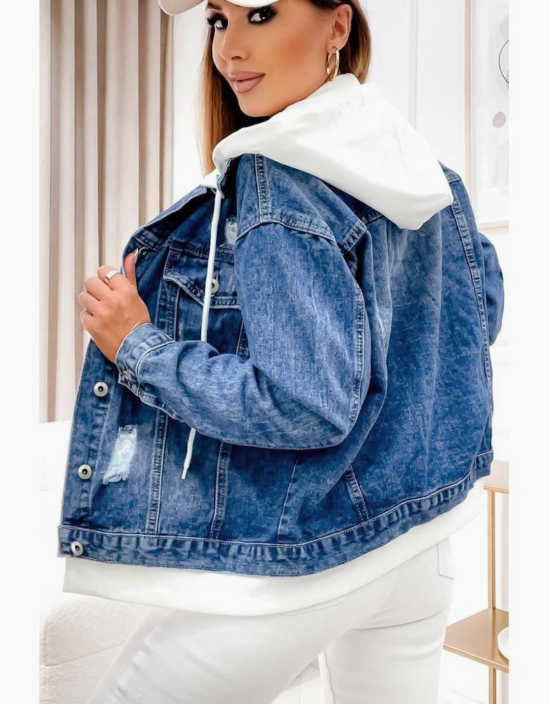 Sky Blue Distressed Contrast Hooded Denim Jacket with Pockets