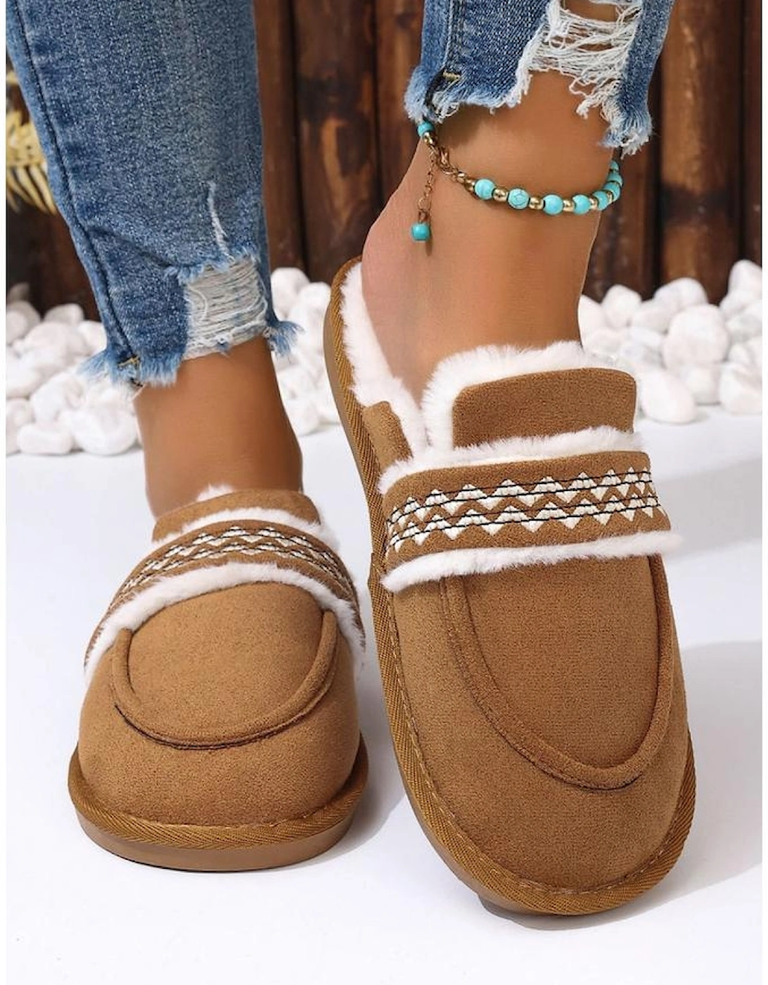 Chestnut Suede Wavy Striped Plush Lined Slippers (Run Small Size Up)