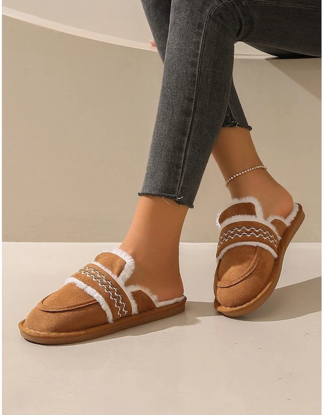 Chestnut Suede Wavy Striped Plush Lined Slippers (Run Small Size Up)