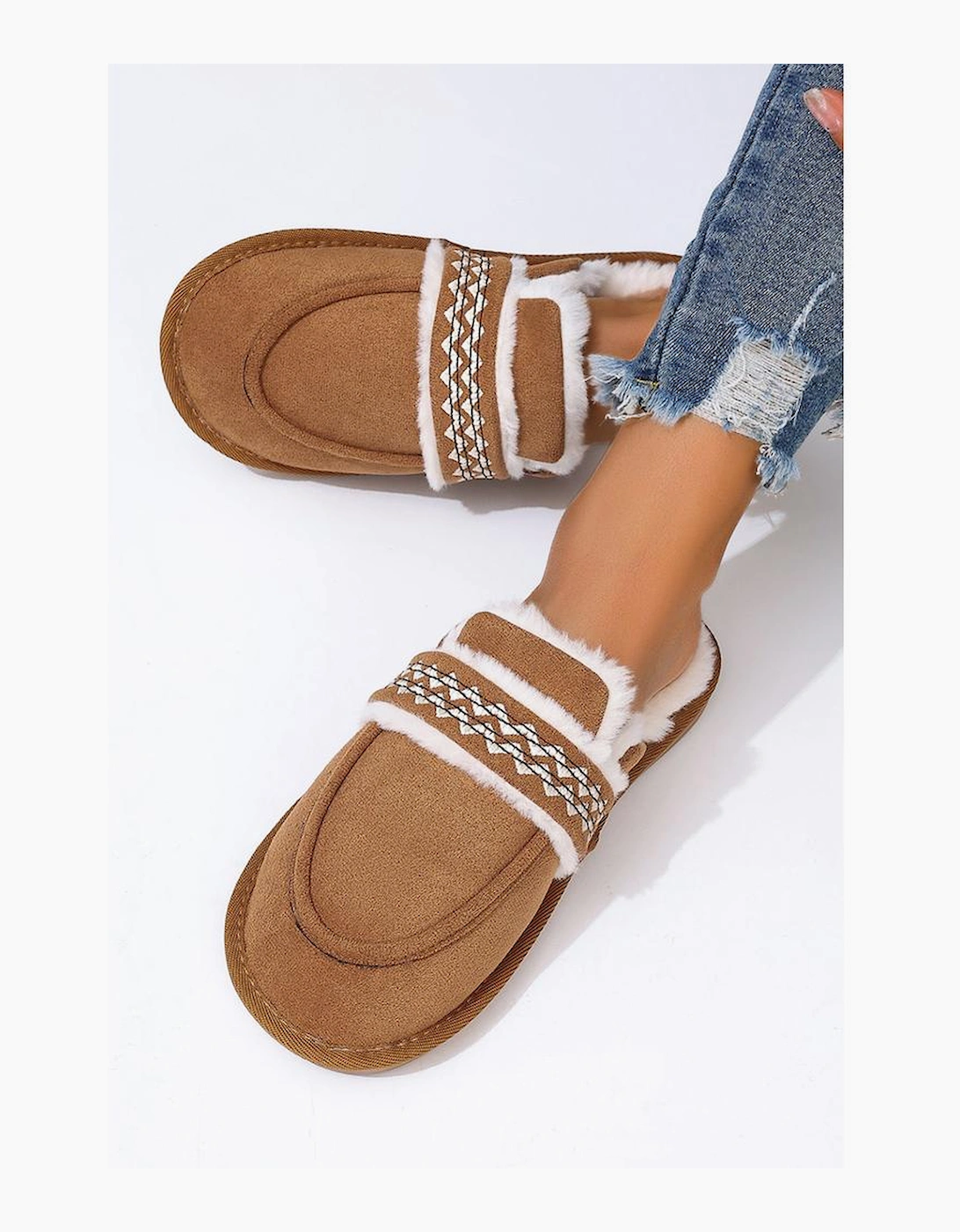 Chestnut Suede Wavy Striped Plush Lined Slippers (Run Small Size Up)