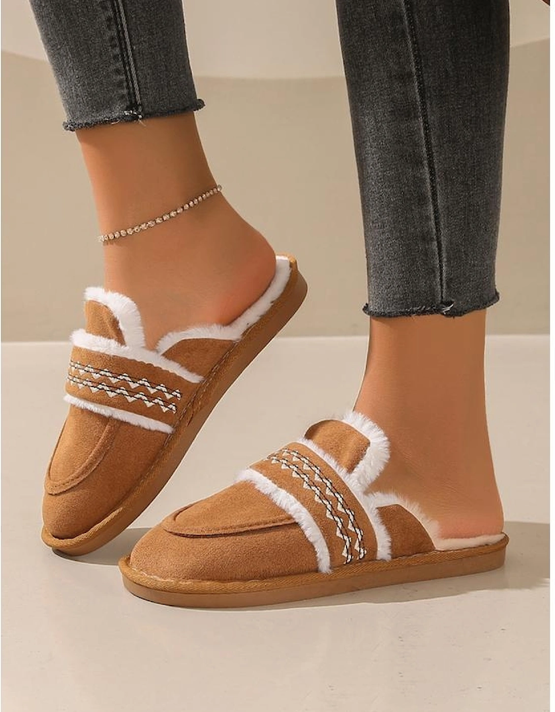 Chestnut Suede Wavy Striped Plush Lined Slippers (Run Small Size Up)