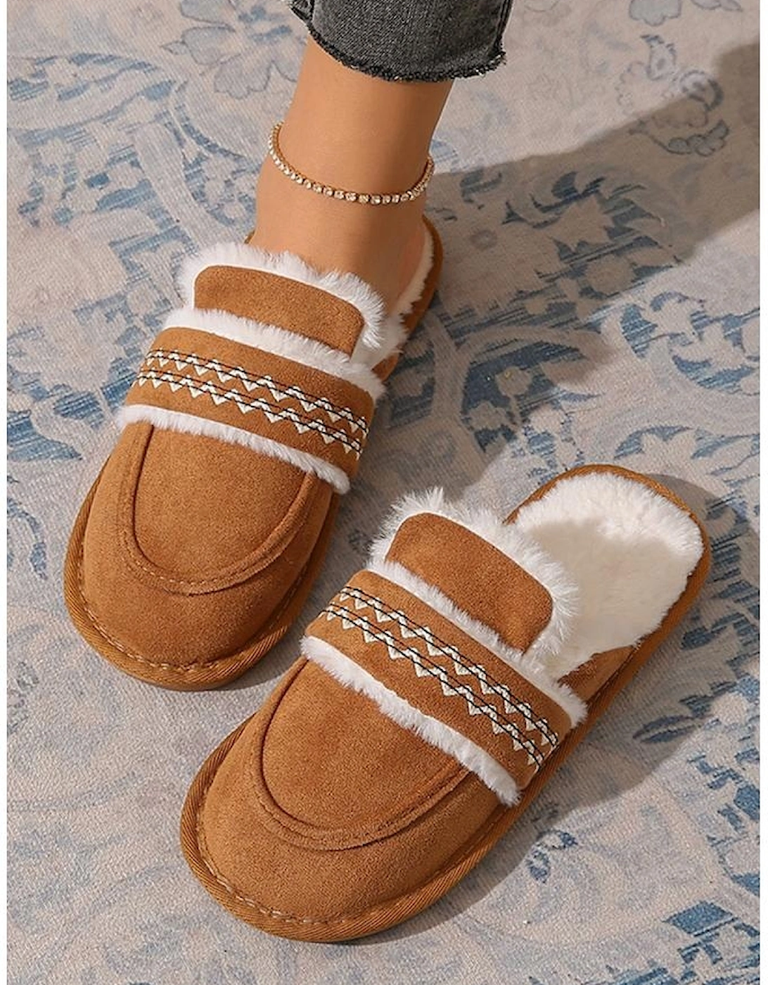Chestnut Suede Wavy Striped Plush Lined Slippers (Run Small Size Up)