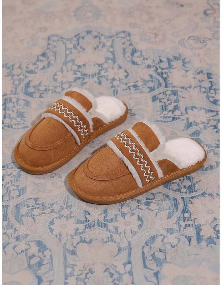 Chestnut Suede Wavy Striped Plush Lined Slippers (Run Small Size Up)